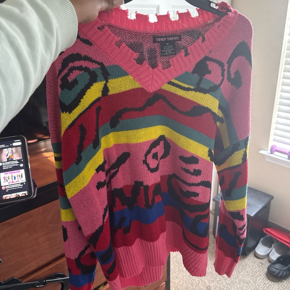 Women's Pink Multi-Color V-Neck Sweater